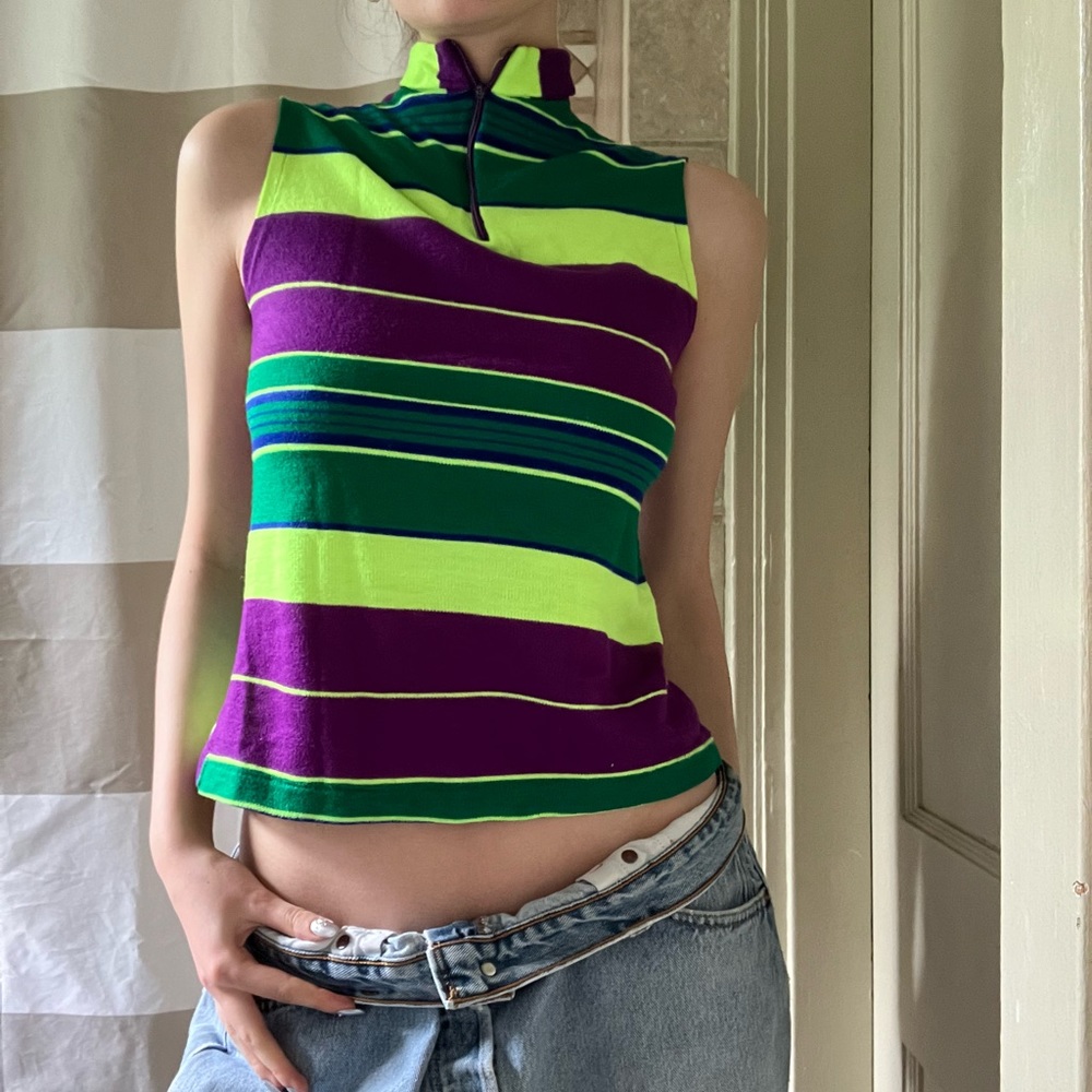 vintage 1970s striped quarter zip tank top